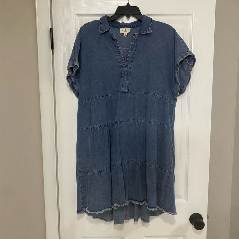Umgee Washed Blue Denim Tiered Mini Dress size XL